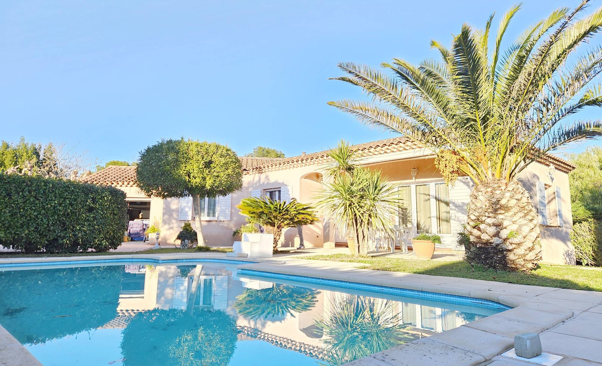 Maison avec piscine, palmiers et jardin à vendre à trois minutes en voiture du centre-ville de Sanary